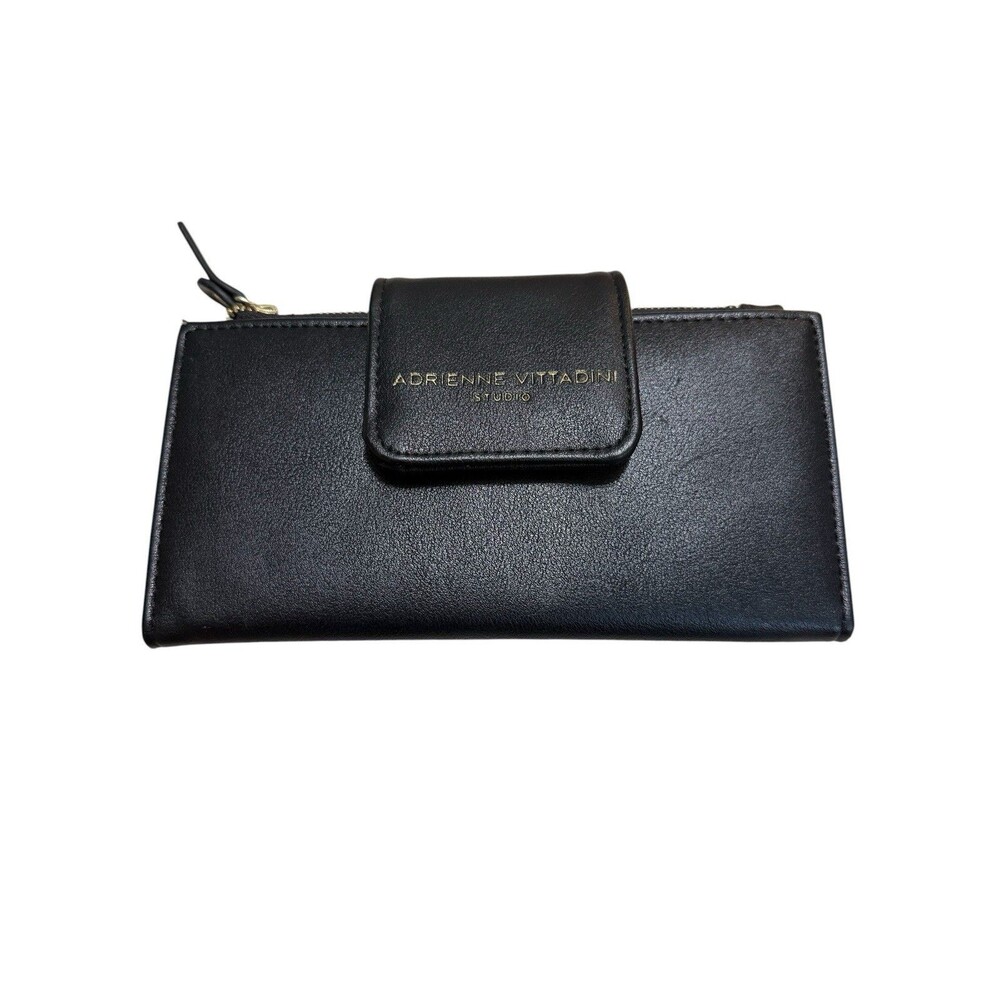 Adrienne Vittadini Studio Black Faux Leather Snap Zip Wallet Clutch